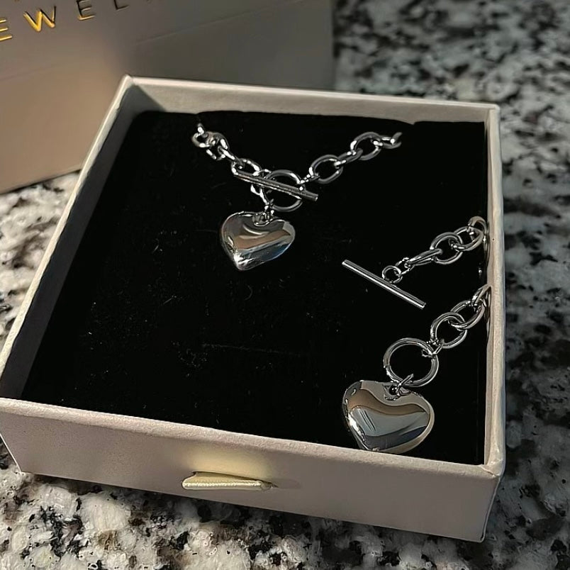 Heart Necklace & Bracelet Set - Silver
