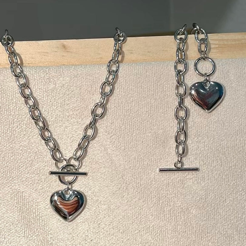 Heart Necklace & Bracelet Set - Silver