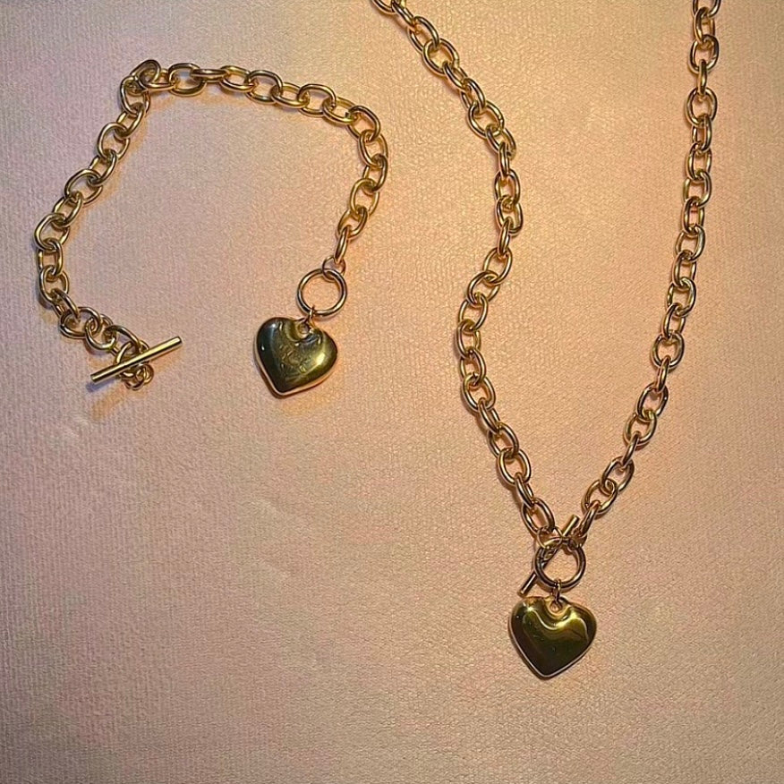 Heart Necklace & Bracelet Set - Gold