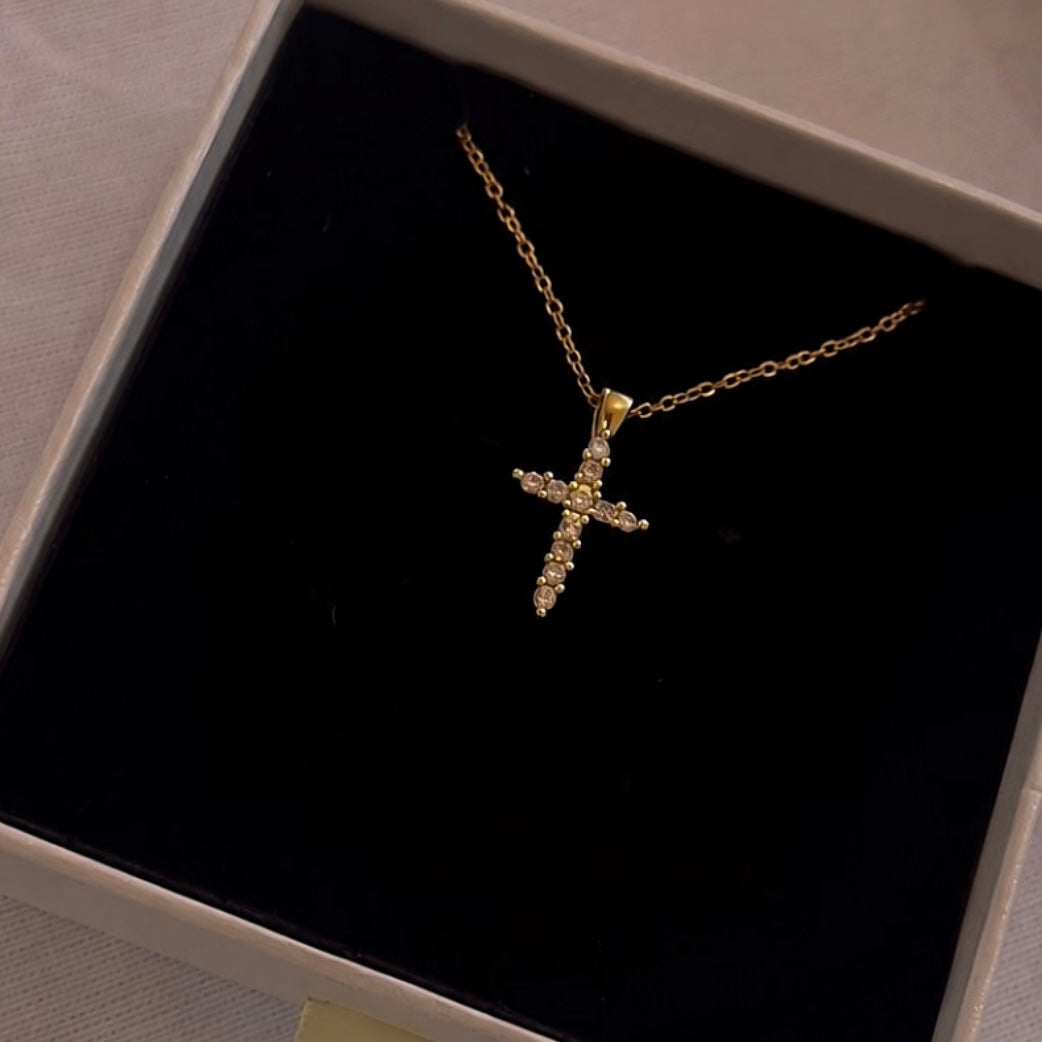 Crystal Cross Necklace - Gold