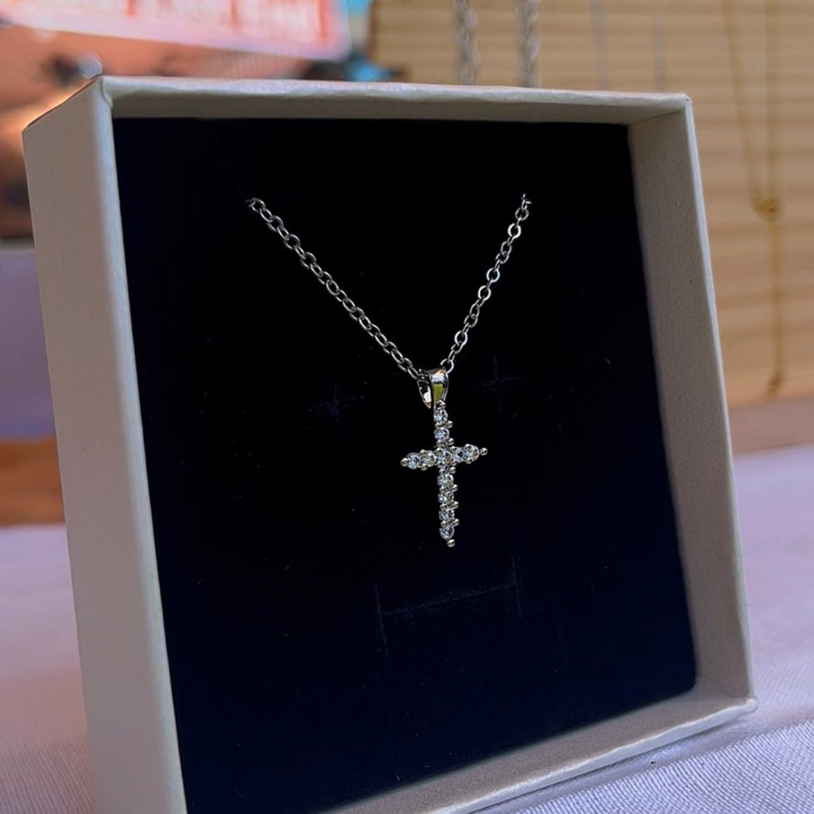 Crystal Cross Necklace - Silver