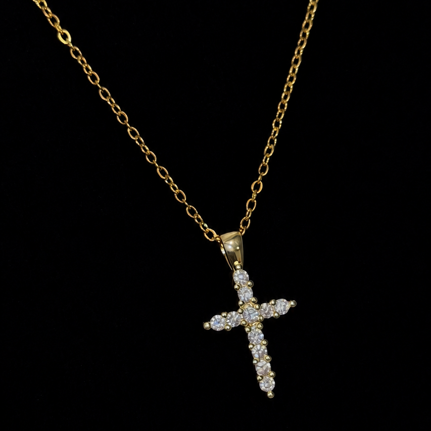 Crystal Cross Necklace - Gold